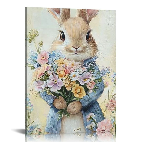 Fenyluxe Easter Bunny Canvas Wall Art Cute Rabbit with Flowers Print, Rustic Cottagecore Watercolor Pastel Animal Artwork, for Spring Nursery Playroom Farmhouse Home Room Decor 12x16in