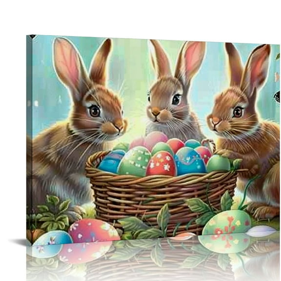 Fenyluxe  Easter Canvas Wall Art Bunny and Eggs Poster Prints Cute Spring Rabbit Pictures Easter Bunny Paintings for Farmhouse Home Decor Framed 16x12in