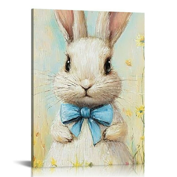 Fenyluxe  Easter Canvas Wall Art Bunny Pictures Prints Rabbit Cross and Flower Painting Christian Poster Cute Animal Wildflower Art Wall Decor 12x16in