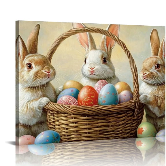 Fenyluxe  Easter Canvas Wall Art, Easter Pictures Wall Decor, Bunny Pictures Canvas Wall Art, Rabbit Pictures Wall Art for Room, Bunny Easter Eggs Print for Nursery Ready To Hang  16x12in