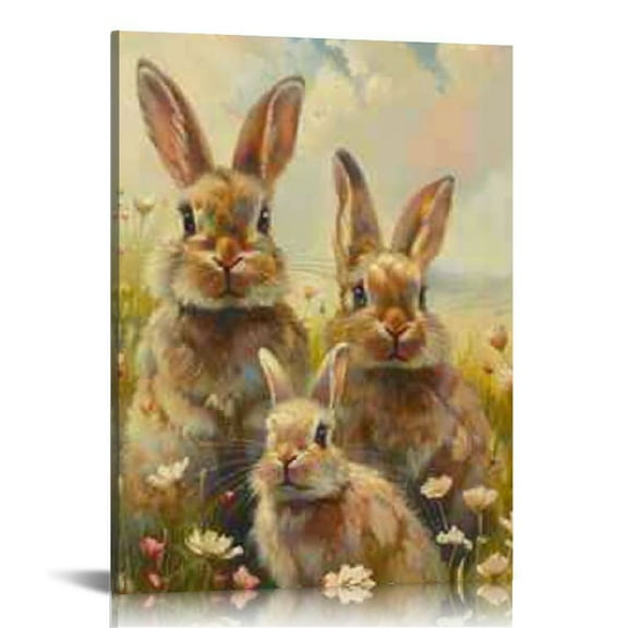 Fenyluxe Easter Cute Bunny Wall Art Easter Eggs and Spring Rabbit Wall Decor Pictures Vintage Wildflower Landscape Canvas Posters Prints for Living Room Bedroom Room Decorations 12x16in