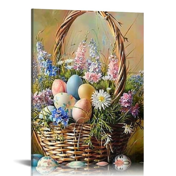 Fenyluxe  Easter Eggs Basket Spring Wall Decor Framed Canvas Wall Art,Easter Bunny Eggs Wall Decor Canvas Home Decorations for Home Girls Room Dorm Wall Decor 12x16in