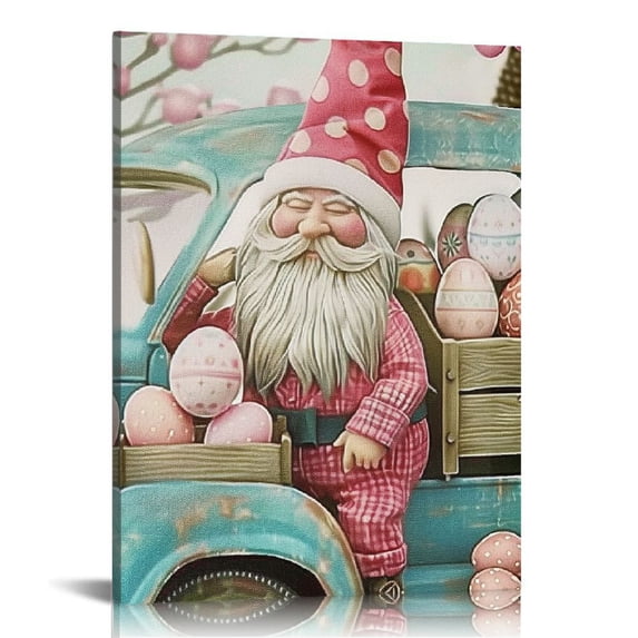Fenyluxe Easter Gnome Truck Canvas Wall Art, Blue Bunny Decor for Spring Holiday, Cute Cottage Aesthetic Artwork for Living Room, Bedroom 12x16in