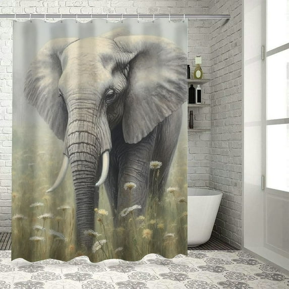 Fenyluxe Elephant Tusks Grass Flowers Print Shower Curtain with Hooks, Modern Bathroom Decor, Sustainable Polyester Fiber Fabric, Chic Design, Various Sizes 69x72