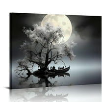 Fenyluxe Fall Decor Black and White Flower Trees and the Moon Canvas Print on Canvas Ready to Hang - Home Art Decor 16x12in