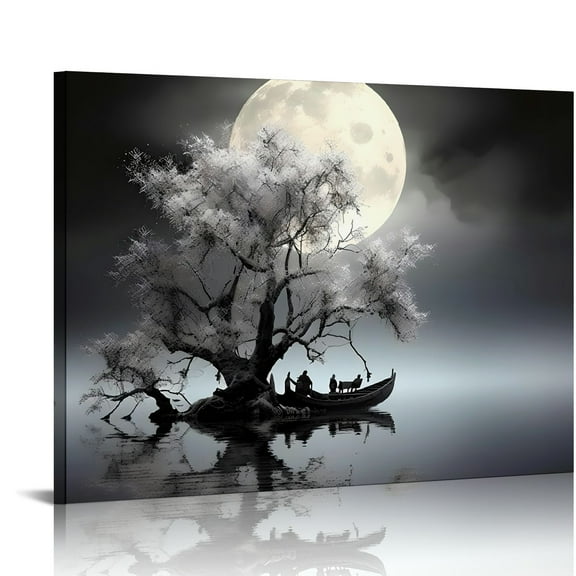Fenyluxe Fall Decor Black and White Flower Trees and the Moon Canvas Print on Canvas Ready to Hang - Home Art Decor 16x12in