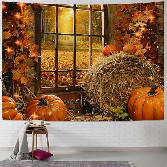 Fenyluxe Fall Tapestry Thanksgiving Tapestry Farmhouse Barn Wood Autumn Harvest Pumpkin Maple Leaves Tapestry Wall Hanging for Bedroom Living Room Dorm Party Decorations Wall Decor 40x30inch