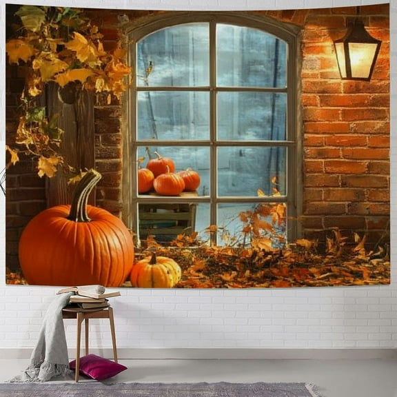 Fenyluxe Fall Tapestry Wall Hanging Rustic Autumn Orange Pumpkin and Maple Leaves Thanksgiving Tapestries Full Moon with Crow Halloween Wall Decor Blanket for Bedroom Living Room Dorm Party 40x60inch