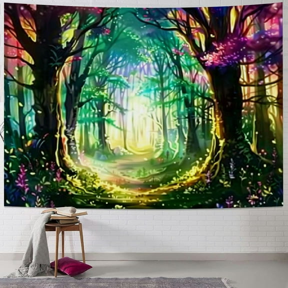 Fenyluxe Fantasy Forest Magical Forest With Neon Lights Tapestry, Psychedelic Plant Tapestry  Nature Tree Tapestry Misty Jungle Tapestry Wall Hanging For Bedroom Living Room Backdrop Décor 40x60inch
