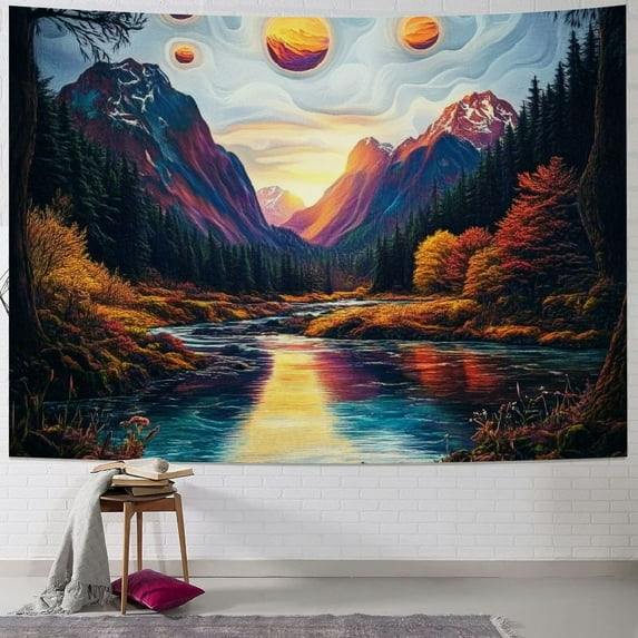 Fenyluxe Fantasy Forest Tapestry Aesthetics Mushroom Tapestry Galaxy Planet Tapestry Magical River Mountain Tapestry Mysterious Starry Sky Tapestry Wall Hanging for Bedroom Decor 40x30inch