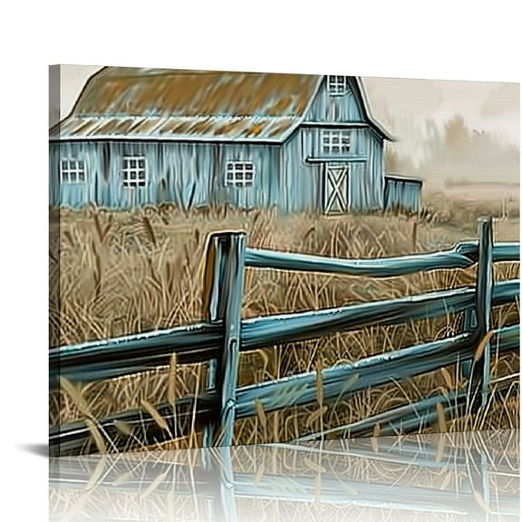 Fenyluxe  Farmhouse Landscape Wall Art Rustic Teal Barn Windmill Painting Country Wall Decor, Framed Artwork Farm Decor 20x16in
