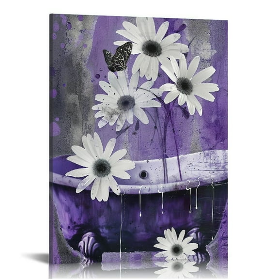 Fenyluxe  Farmhouse Purple Floral Wall Art for Living Room Daisy Flower and Butterfly Canvas Wall Art Grey and White Abstract Framed Wall Art for Bedroom Bathroom Wall Decor