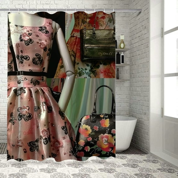 Fenyluxe Fashion Girly Dresses Shower Curtain Modern Eiffel Tower Girls Women Paris Perfume High Heels Pink Black Makeup Bathroom Decor Fabric Polyester Waterproof White