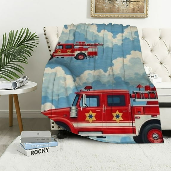 Fenyluxe Fire Truck Throw Blanket, Fire Truck Blanket for Boys, Blue Firefighter Throw Blanket, Soft Cozy Fluffy Fuzzy Flannel Truck Car Blankets for Teen Men Birthday Gifts Sofa Couch Bed 40x50in