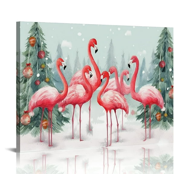 Fenyluxe Flamingos Christmas Canvas Wall Decor Ready to Hang for Home Art Decoration in Various Rooms and Occasions 16x12in