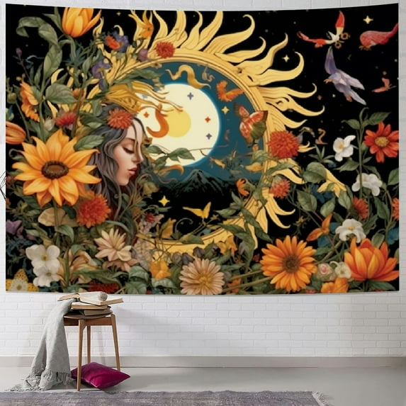 Fenyluxe  Floral Plants Tapestry Sun and Moon Tapestry Retro Botanical Flowers Butterfly Tapestry Starry Sky Wall Tapestry Vintage Boho Aesthetic Tapestry Wall Hanging for Bedroom 40x60inch