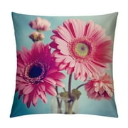 Fenyluxe  Floral Throw Pillow Cushion Cover, Vintage Gerbera Flower Petals in Picture Romantic Summer Theme Print, Decorative Square Pillow Case,Pale Blue Hot Pink