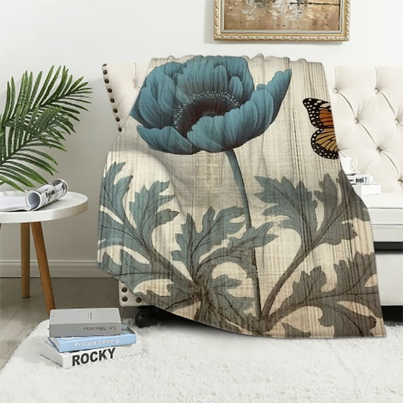 Fenyluxe Flower Butterfly Wooden Background Print Throw Blanket for Bed Couch Car, Soft Plush Blanket for Kids and Adults, All Seasons, Long-Lasting 40x50in