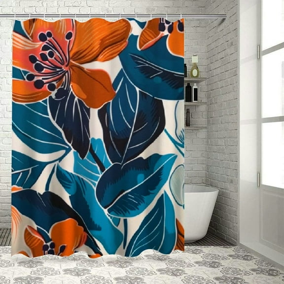 Fenyluxe Flower Pattern Blue Orange Shower Curtain 100% Polyester Bathroom Decoration with Hooks 36"x72