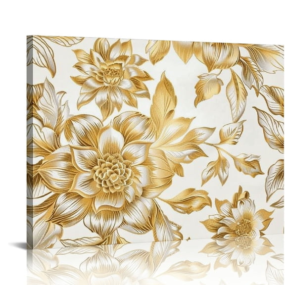 Fenyluxe Flower Pattern Gold Leaves Framed Canvas Art Print 20x16x0.75in