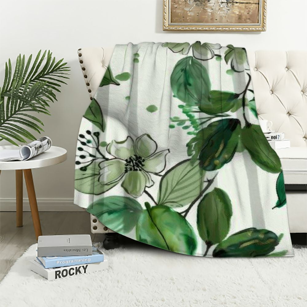 Fenyluxe Flower Pattern Green Leaves Soft Throw Blanket Flannel Bed
