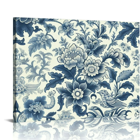 Fenyluxe Flowers Birds Blue and White Art Modern Canvas Prints Wall Decor Ready To Hang - Home Room Art Decor 16x12in