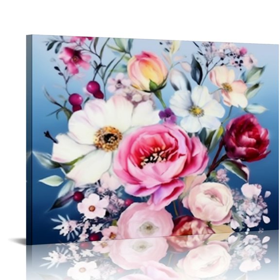 Fenyluxe Flowers Bouquet Blue Background Canvas Print Wall Decor for Bathroom and Bedroom Ready To Hang Room Home Art Decor Kitchen Wall Pictures 20x16in