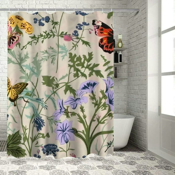 Fenyluxe Flowers Butterflies Silk Screen Shower Curtain Set with Hooks, 100% Polyester Bathroom Shower Curtain for Bathtub, Various Sizes 60"x72