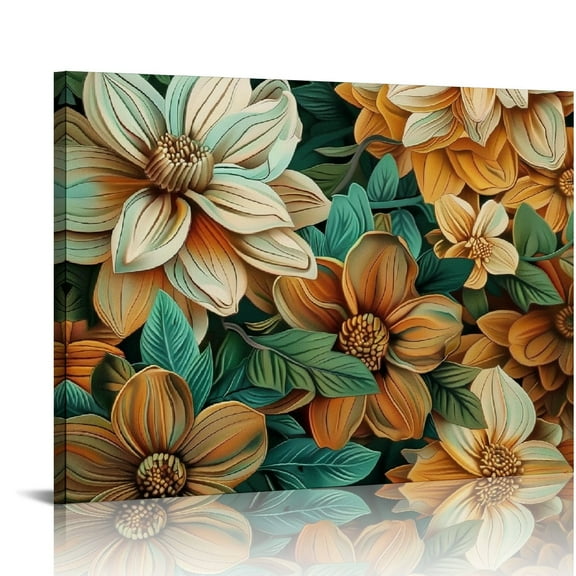 Fenyluxe Flowers Green Leaves Brown Flowers Canvas Prints Wall Art Ready To Hang Room Home Decor 20x16in