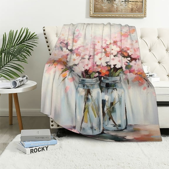 Fenyluxe Flowers Jars Table Top Soft Cozy Printed Blanket & Throw for All Seasons - Super Soft Throw Blanket for Travel - Lightweight & Anti-Wrinkle 40x50in