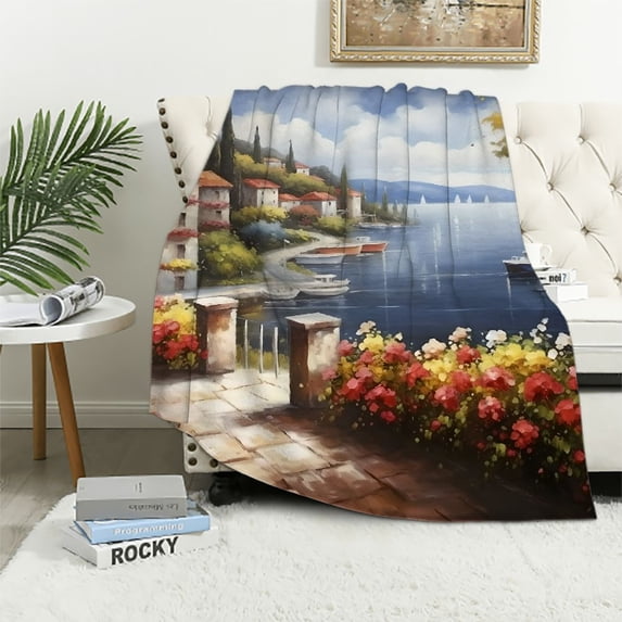 Fenyluxe Flowers Lake Boats Gifts Blanket Super Soft Flannel Blankets for Bed Sofa Living Room Decor Lightweight Soft Blanket All Seasons 60x80in