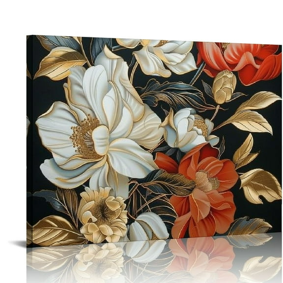 Fenyluxe Flowers Leaves Black Background Wall Art Canvas Prints 16x12x0.75in