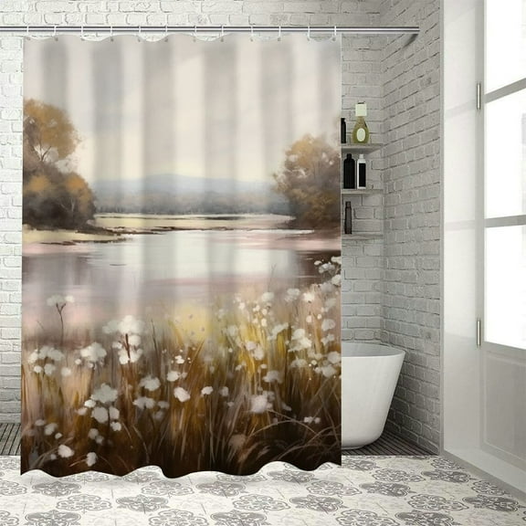 Fenyluxe Flowers River Landscape Pretty Shower Curtain Bathroom Decor Polyester Fiber with Hooks 36x72