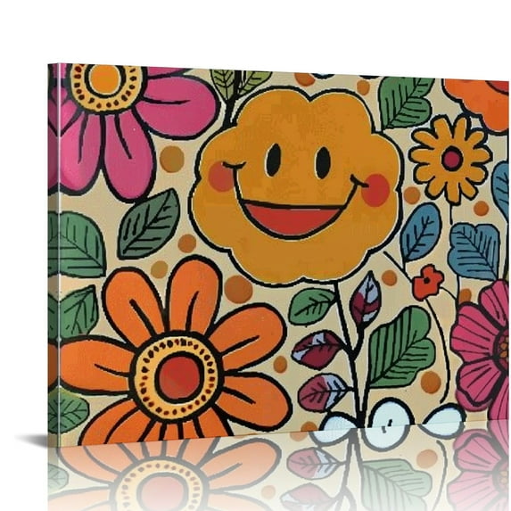 Fenyluxe Flowers Smiley Face Folk Art Wall Decor Modern Canvas Prints Ready To Hang Room Home Art Decor 16x12in