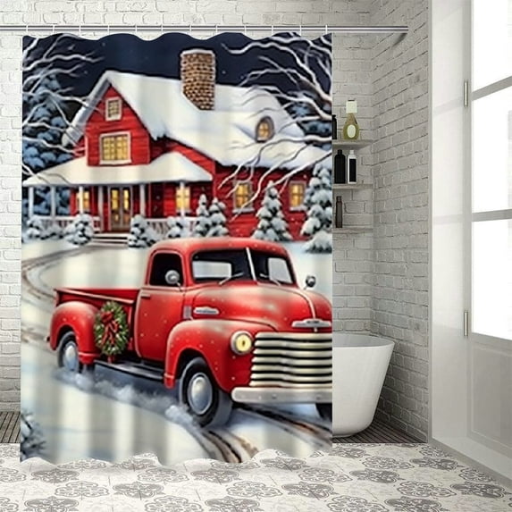 Fenyluxe Folk Art Print Shower Curtain with Christmas Theme, Sustainable Polyester Fiber Bathroom Curtain Set with Hooks, Chic Modern Bathroom Decor 60x72