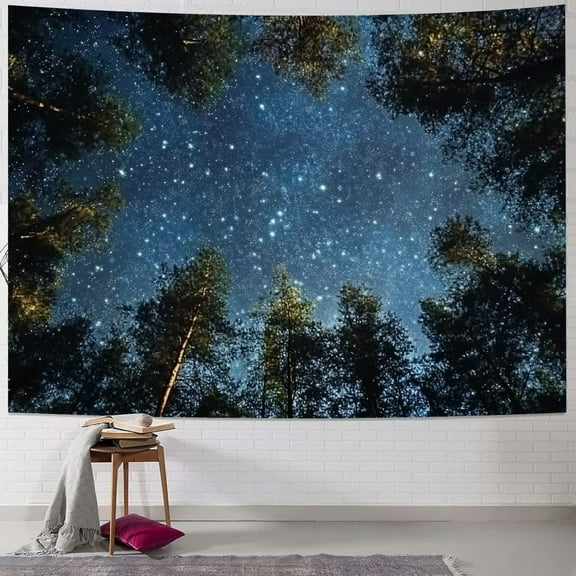 Fenyluxe  Forest Night Sky Tapestry Darkness Stars Nature Forest Trees Starry Moonlight Tapestries for Bedroom Dorm Living Room Decor 40x30inch