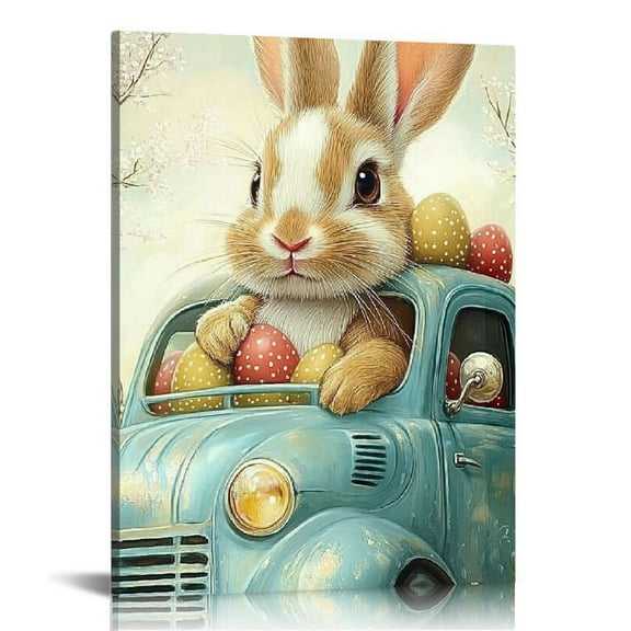 Fenyluxe Funny bunny picture wall art easter egg canvas painting bunny with colorful flowers wall decoration poster print jungle nursery bunny animal decor vintage oil painting art 12x16in