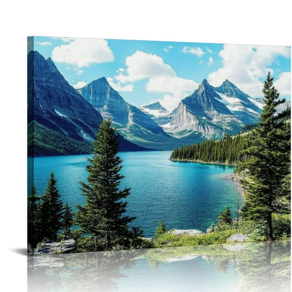 Fenyluxe Glacier National Park Wall Art Lake Mountains Pictures Framed Canvas Prints Artwork for Living room Bedroom Office Ready to Hang 20x16in