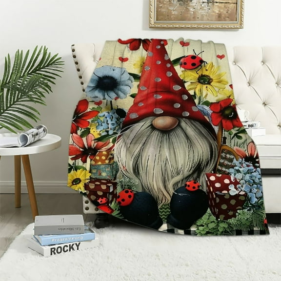 Fenyluxe Gnome Flowers Ladybugs Soft Throw Blankets Flannel Bed Throw Cozy Lightweight Plush Gifts for All Seasons - Pack of 1, Size: Standard 50x60in