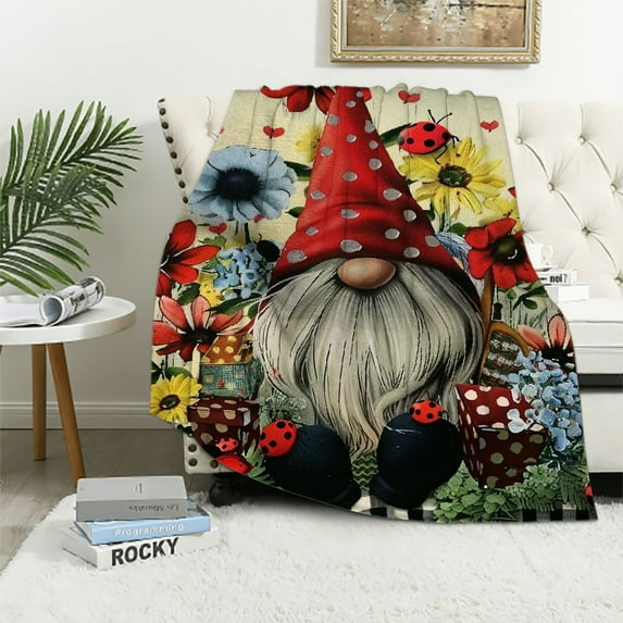 Fenyluxe Gnome Flowers Ladybugs Soft Throw Blankets Flannel Bed Throw Cozy Lightweight Plush Gifts for All Seasons - Pack of 1, Size: Standard 60x80in