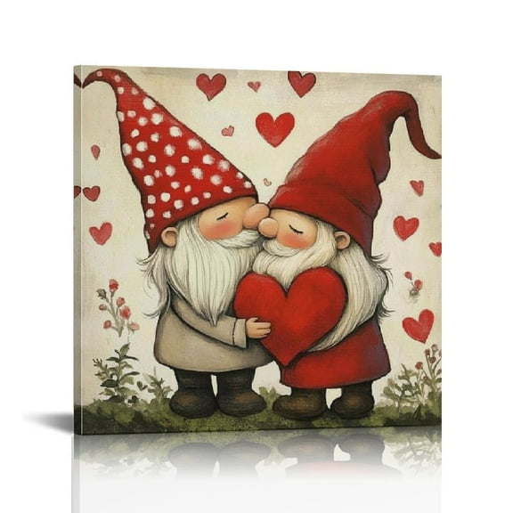 Fenyluxe Gnomes Hugging Love Wall Decor Art Ready To Hang - Bedroom & Kitchen Pictures 12x12in