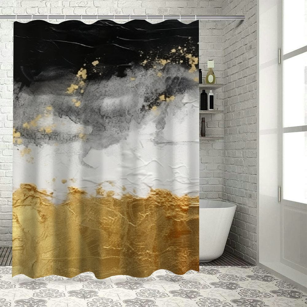 Fenyluxe Gold and Black Paint Stripes Printed Shower Curtain Set with Hooks, Easy Care 100% Polyester Fiber Bathroom Shower Curtain for Bathroom Decor, Various Sizes Available 60x72