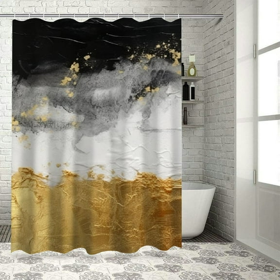 Fenyluxe Gold and Black Paint Stripes Printed Shower Curtain Set with Hooks, Easy Care 100% Polyester Fiber Bathroom Shower Curtain for Bathroom Decor, Various Sizes Available 36x72