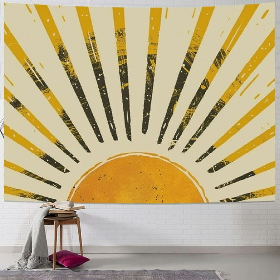 Fenyluxe  Gold Boho Burning Sun Tapestry Wall Hanging, Retro 70s Abstract Vintage Geometric Line Sunrise Tapestries for Bedroom Living Room Backdrop 40x60inch