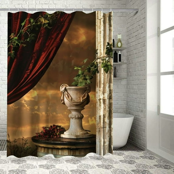 Fenyluxe Gothic Shower Curtain, Greek Style Scene Climber Pillow Fruits Vine and Red Curtain Sunset, Cloth Fabric Bathroom Decor Set with Hooks, Burgundy Ecru Forest Green White