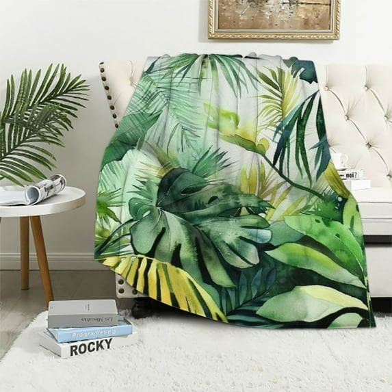 Fenyluxe Green Tropical Palm Leaves Blanket Lightweight Flannel Rustic Nature Watercolor Tropical Plant Leaf Throw Blanket for Women Men Soft Cozy Warm Birthday Gifts 50x60in