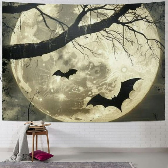 Fenyluxe Halloween Full Moon Tapestry Wall Hanging Creepy Halloween Night Black Bat Crow Taspestry Wall Art Blanket for Bedroom Living Room Dorm Home Wall Decor 40x60inch