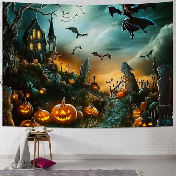 Fenyluxe  Halloween Pumpkin Graveyard Tapestry Terror Pumpkin Jack-O-Lantern Wall Decor Witch on Broom Run to Moon Tapestry Night Sky Castle Wall Art for Bedroom Home Dorm Halloween Decor 40x30inch