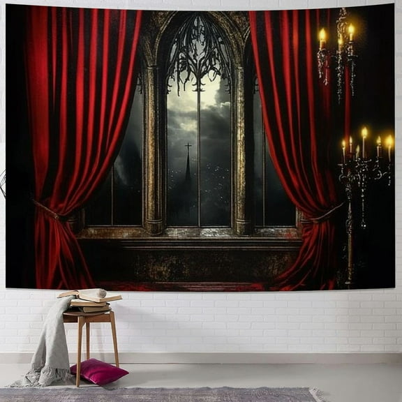 Fenyluxe  Haunted House Tapestry Halloween Tapestry Witch's Broom Candles Horror Window Landscape Moon Night Tapestry Wall Hanging for Bedroom Dorm Party Decorations Wall Decor 40x30inch