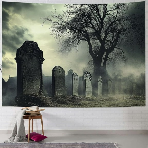 Fenyluxe  Haunted House Tapestry Spooky Graveyard Halloween Scary Party Tapestry Wall Hanging For Bedroom Living Room Dorm Home Decor 40x30inch
